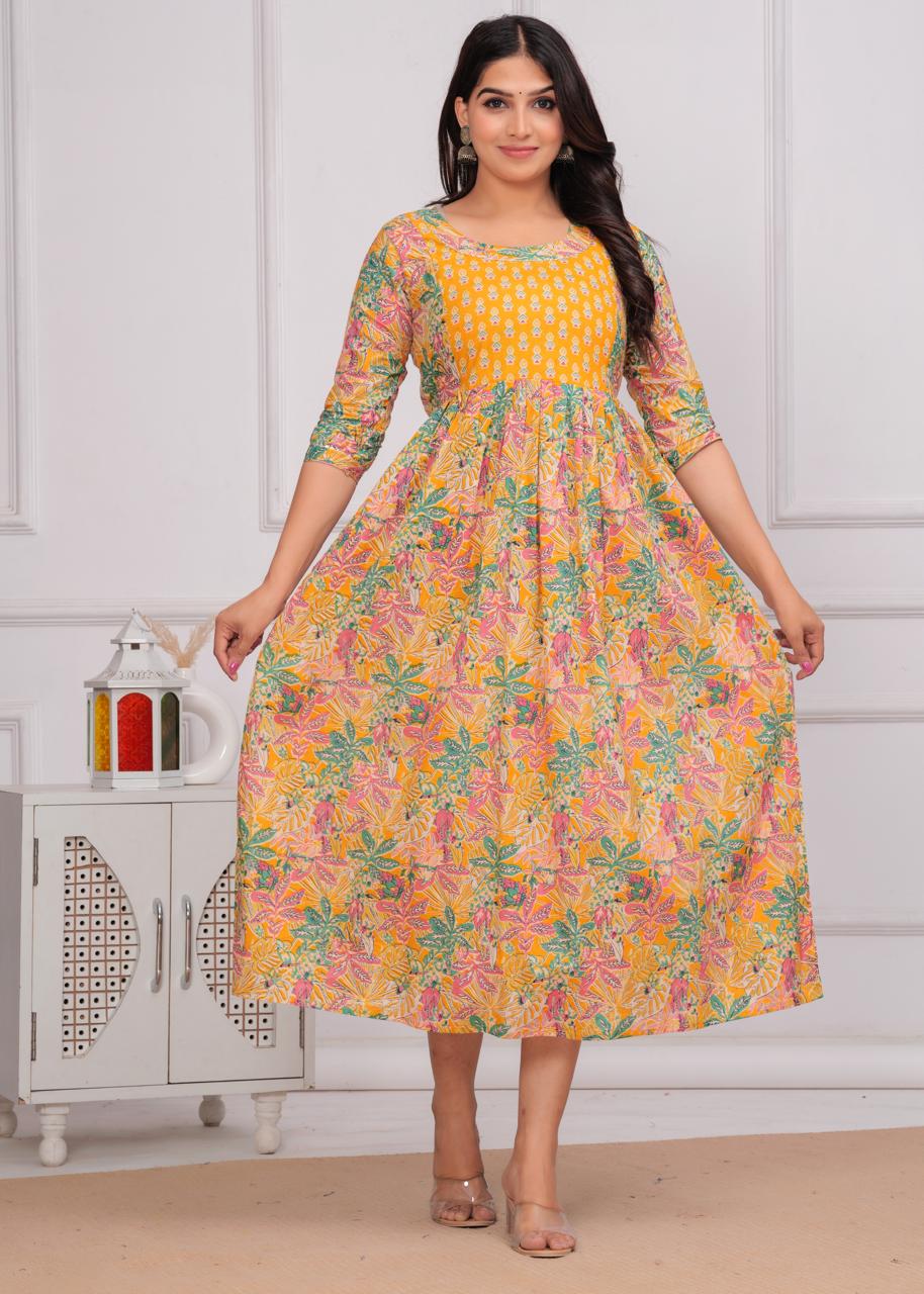 Yellow Printed Rayon Maternity Gown