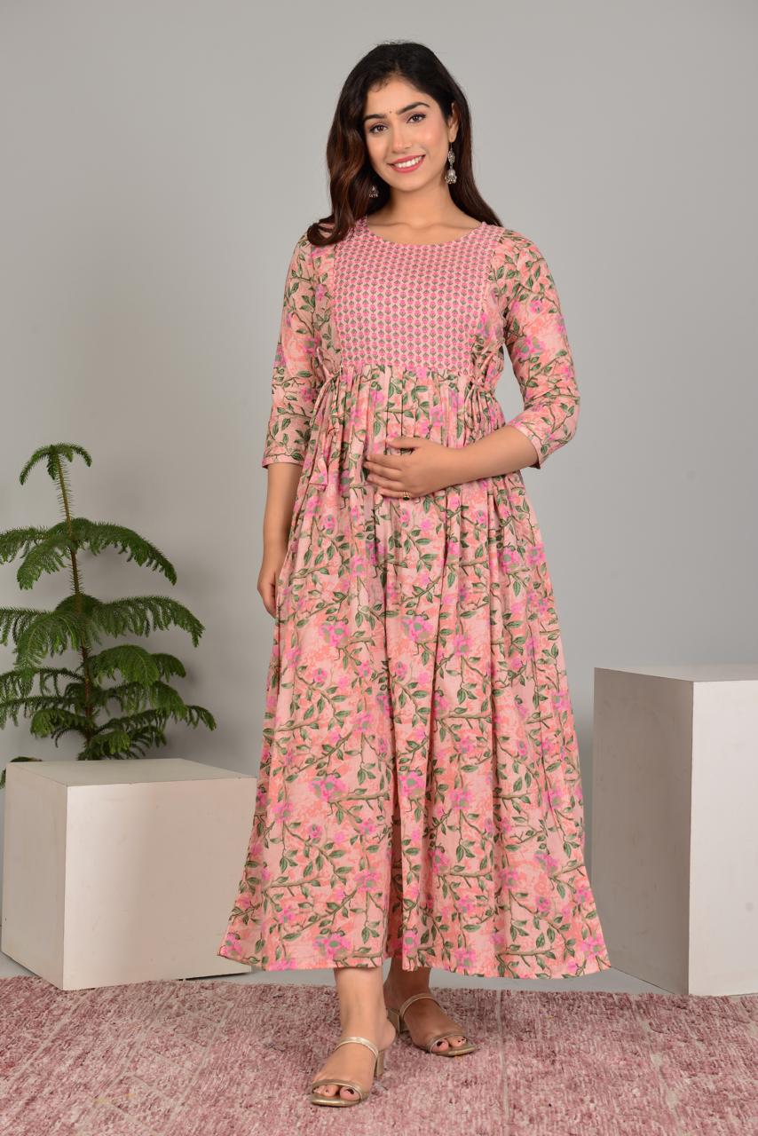 Pink Printed Rayon Maternity Gown