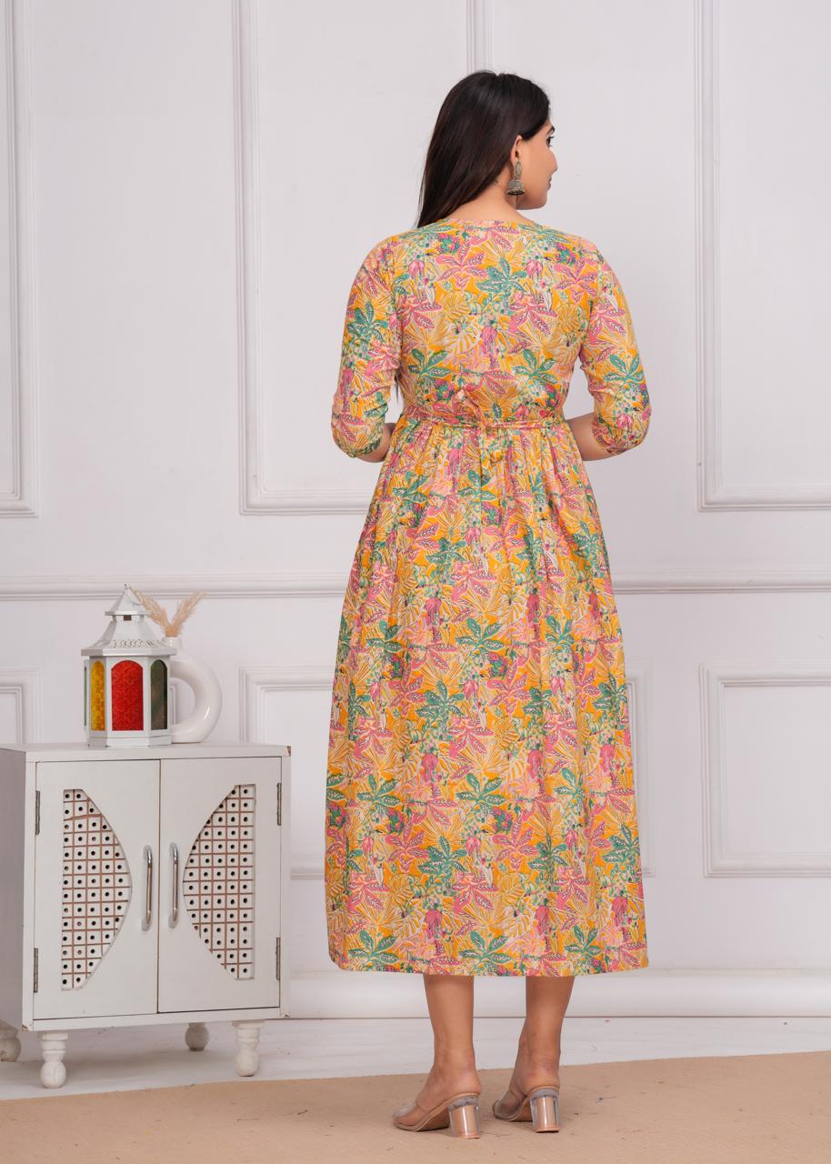 Yellow Printed Rayon Maternity Gown