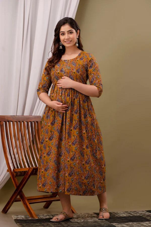 Mustard Yellow Rayon Printed Maternity Gown