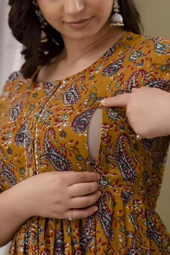 Mustard Yellow Rayon Printed Maternity Gown