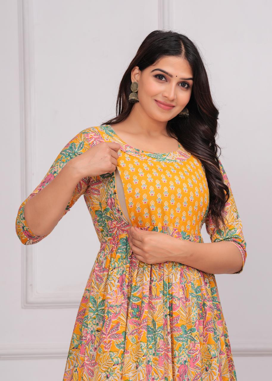 Yellow Printed Rayon Maternity Gown