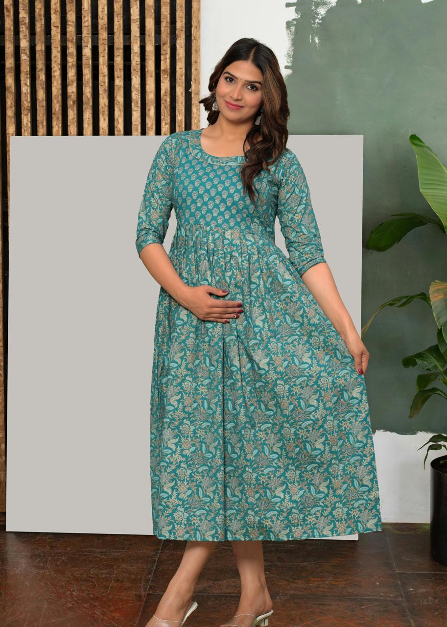 Blue Printed Rayon Maternity Gown
