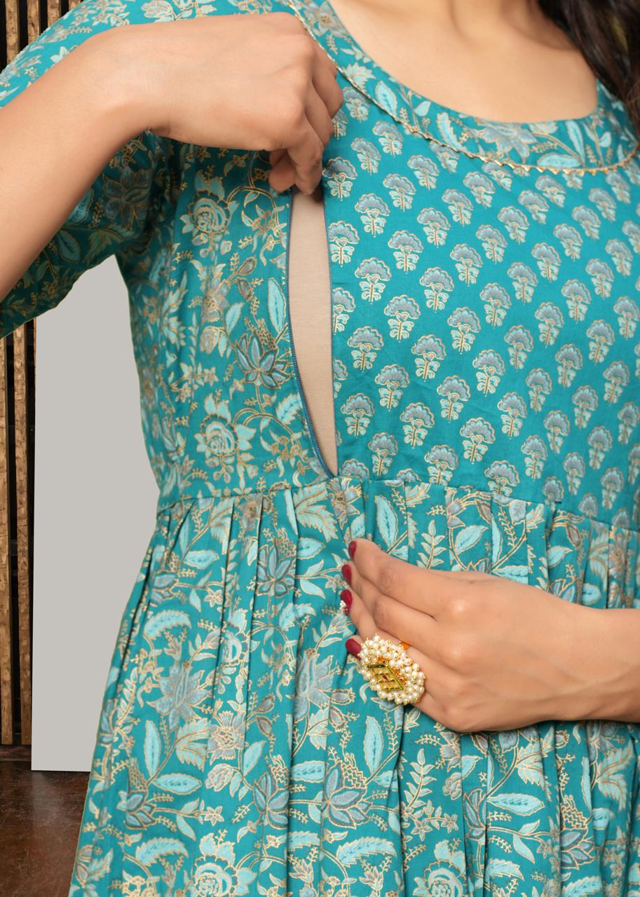 Blue Printed Rayon Maternity Gown