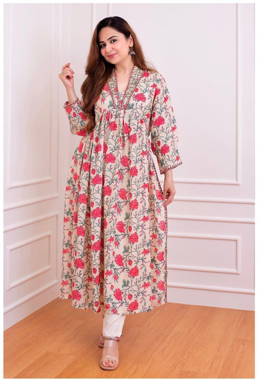 Cream & Pink Floral Rayon Printed Kurta Pant Set