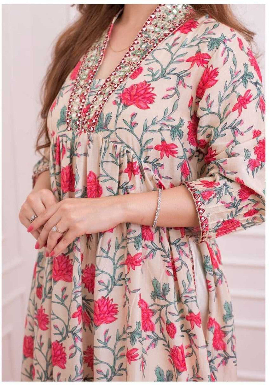 Cream & Pink Floral Rayon Printed Kurta Pant Set