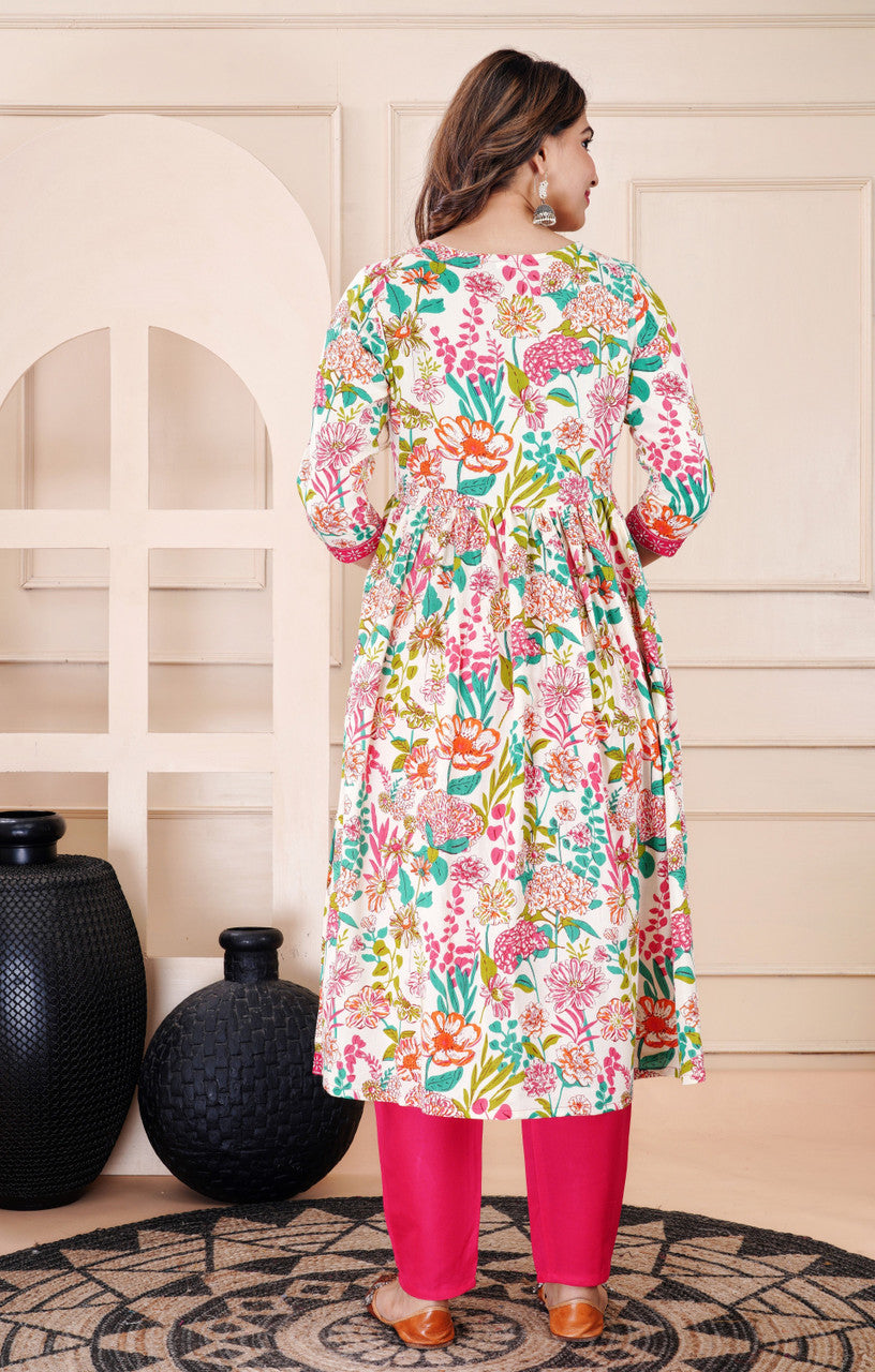 Pink & White Multicolor Floral Rayon  Kurta Pant Set