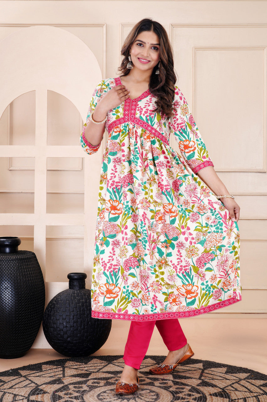 Pink & White Multicolor Floral Rayon  Kurta Pant Set