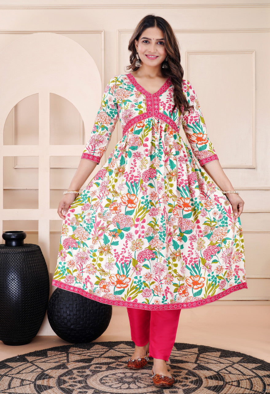 Pink & White Multicolor Floral Rayon  Kurta Pant Set