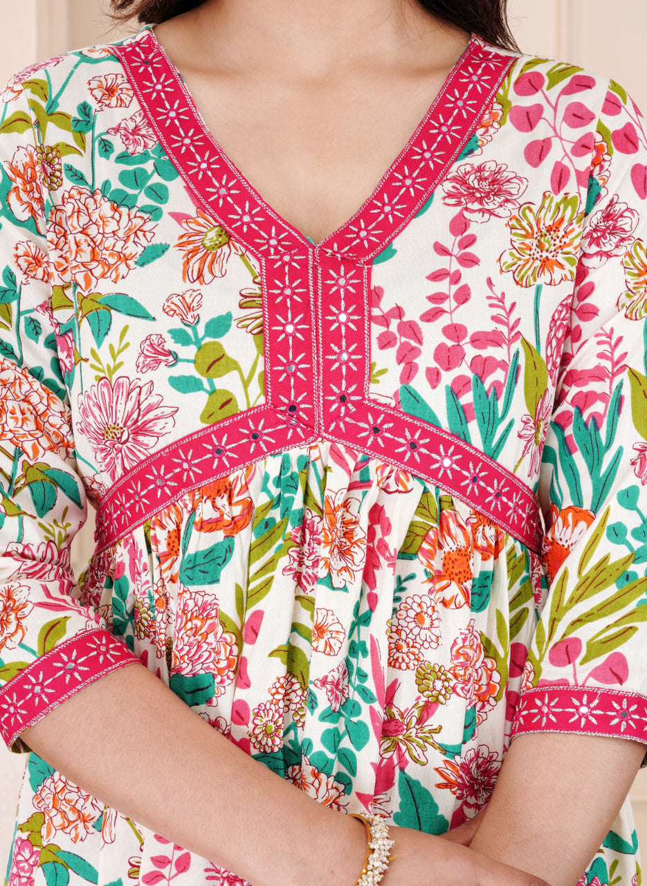 Pink & White Multicolor Floral Rayon  Kurta Pant Set