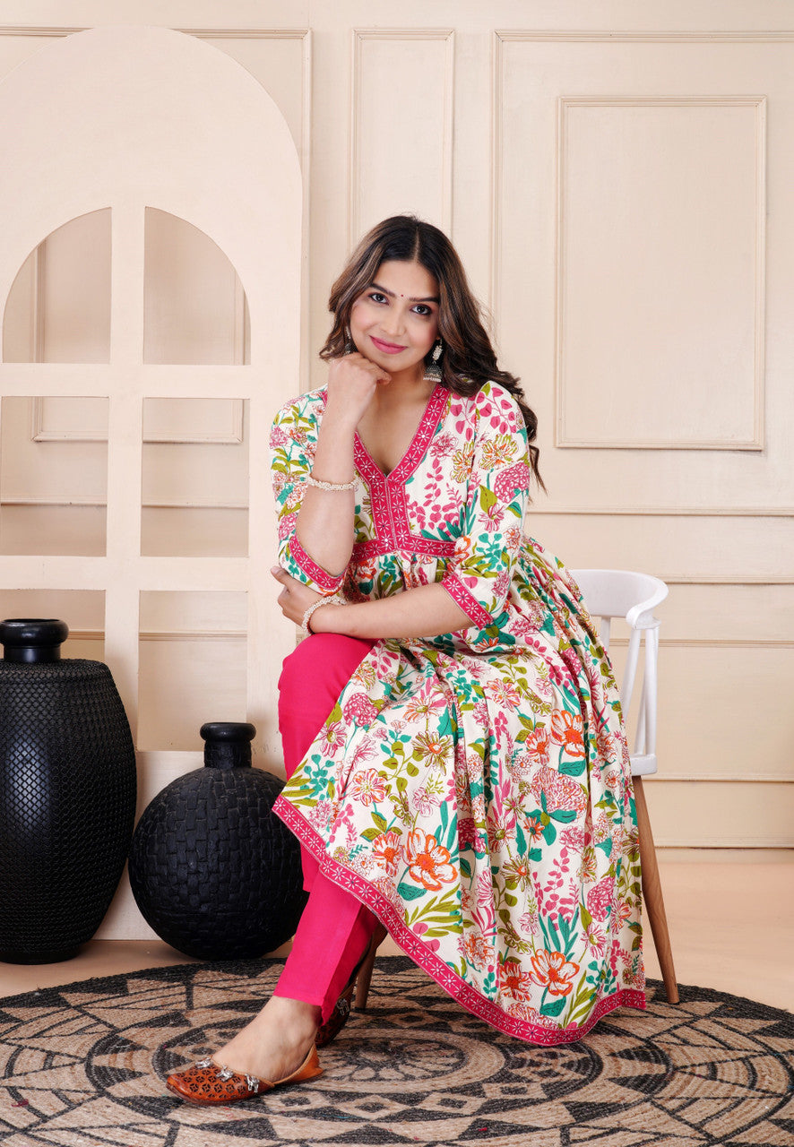Pink & White Multicolor Floral Rayon  Kurta Pant Set