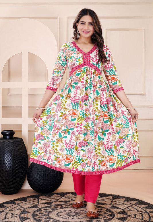 Pink & White Multicolor Floral Rayon  Kurta Pant Set