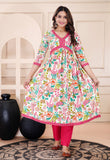 Pink & White Multicolor Floral Rayon  Kurta Pant Set