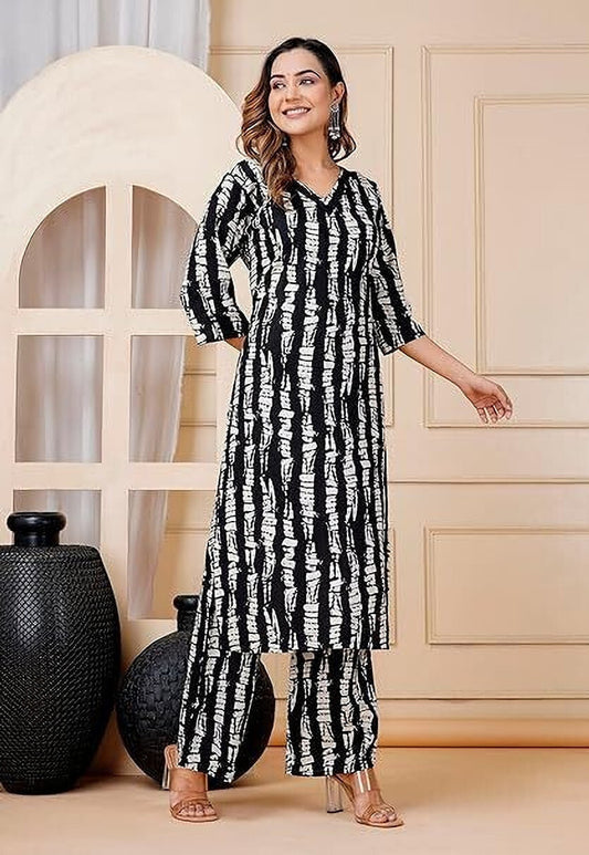 Black & White Tie-Dye Printed Rayon Co-Ord Set