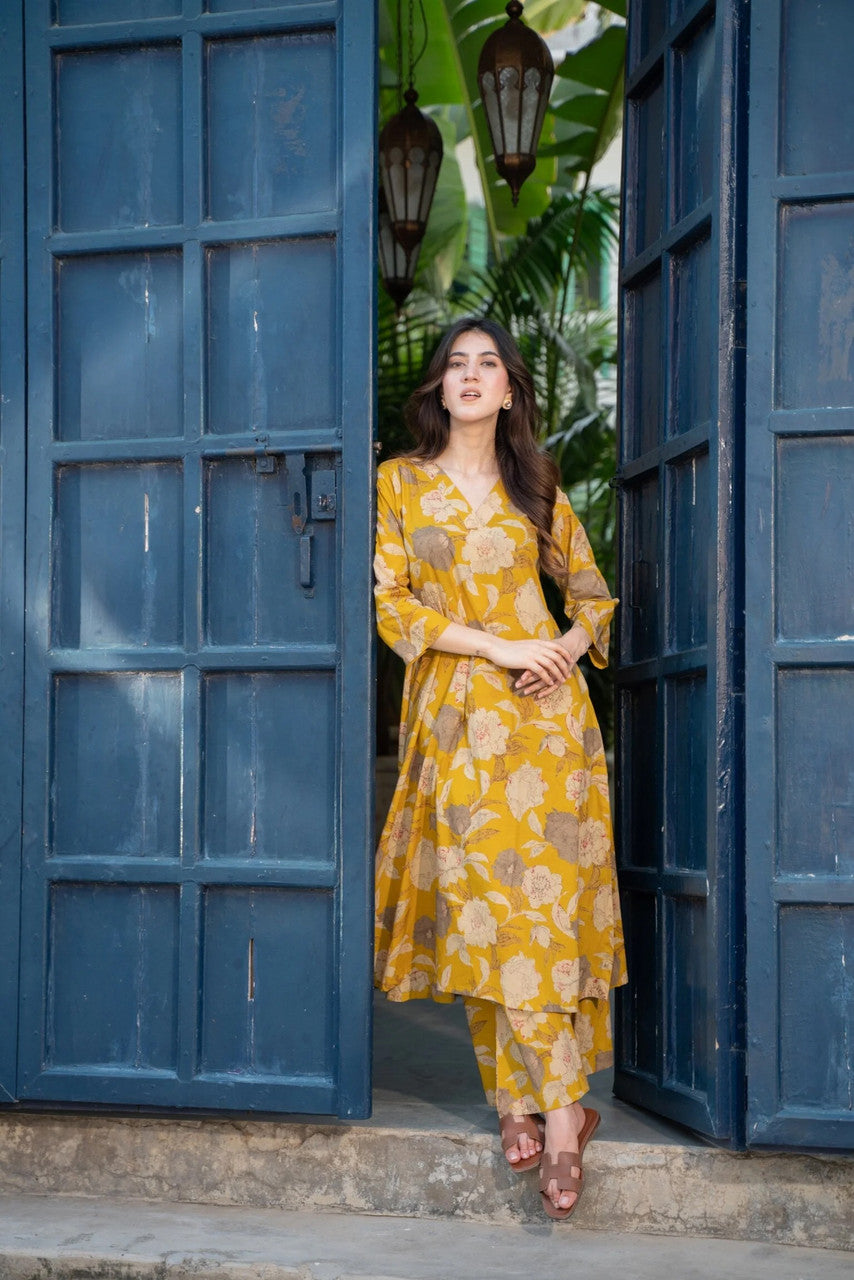 Mustard Floral Printed Rayon Co-Ord Set