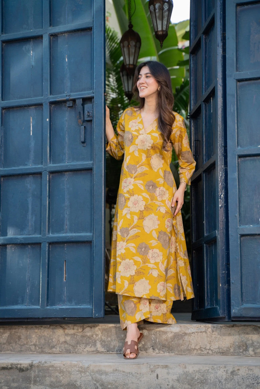 Mustard Floral Printed Rayon Co-Ord Set