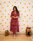 Maroon & White Leheriya Rayon Printed Kurta Pant Set
