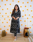 White & Black Leheriya Rayon Printed Kurta Pant Set