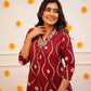 Maroon & White Leheriya Rayon Printed Kurta Pant Set
