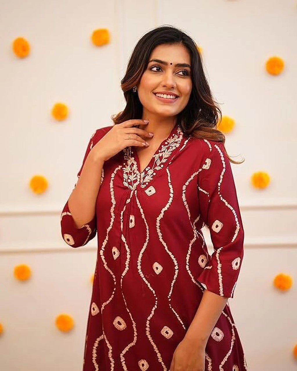 Maroon & White Leheriya Rayon Printed Kurta Pant Set