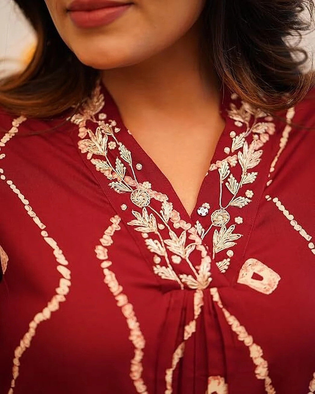 Maroon & White Leheriya Rayon Printed Kurta Pant Set