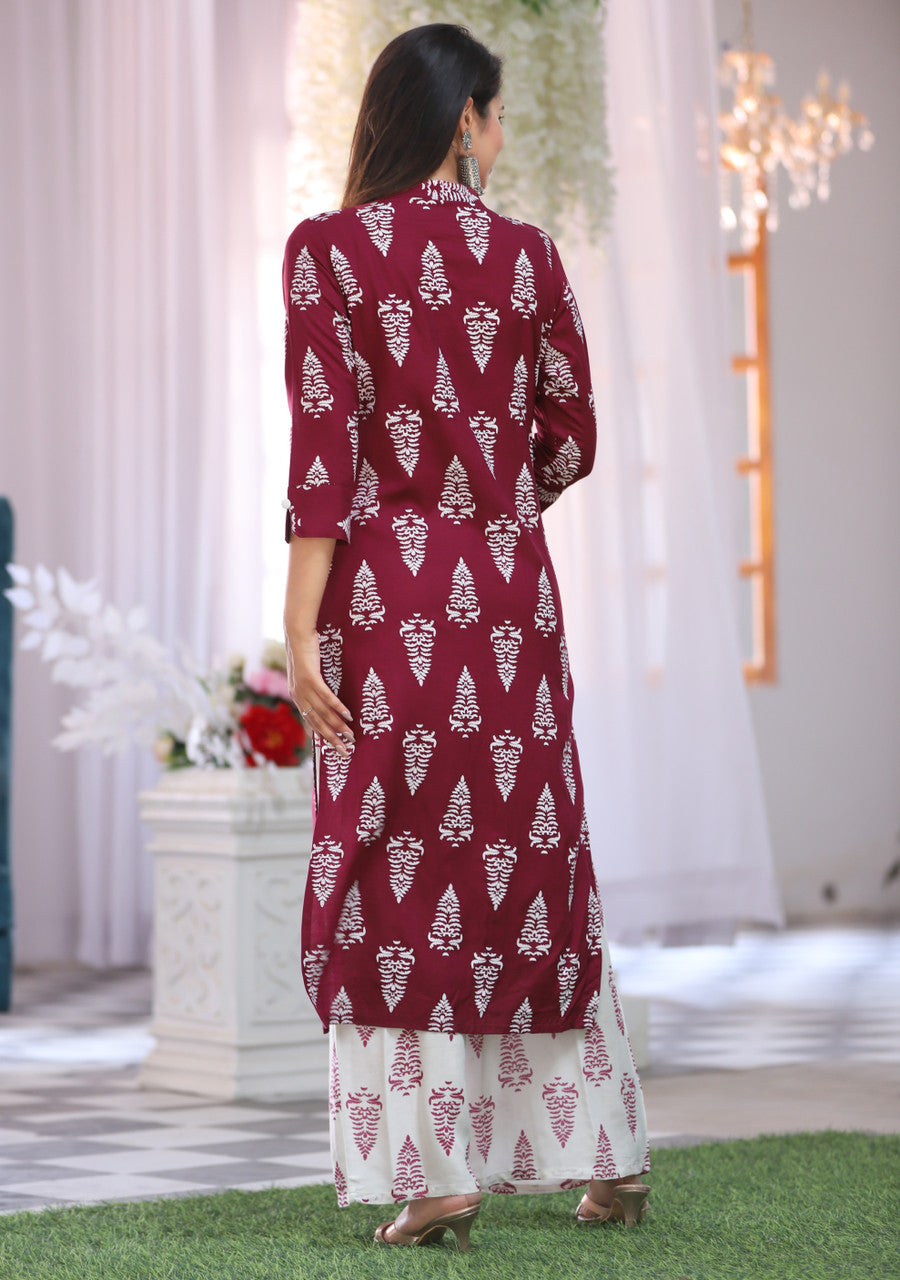 Maroon & White Printed Kurta Pant Set