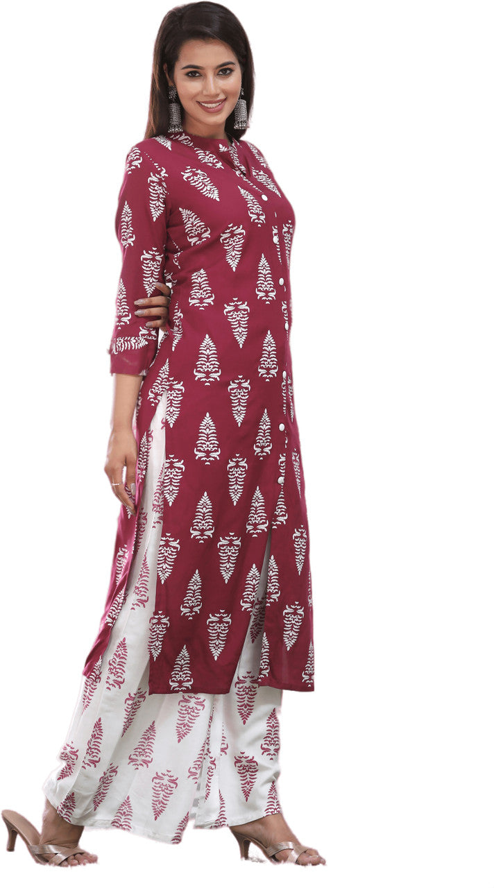 Maroon & White Printed Kurta Pant Set